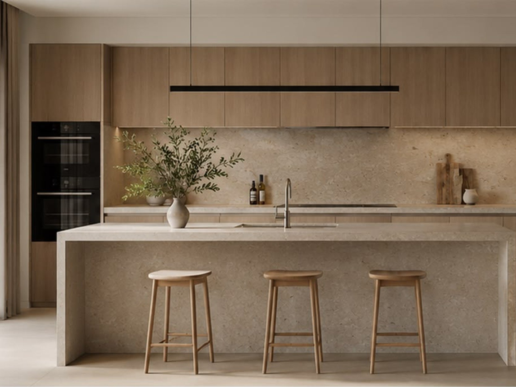 Cuisine, ambiance 5, îlot linéaire en pierre.