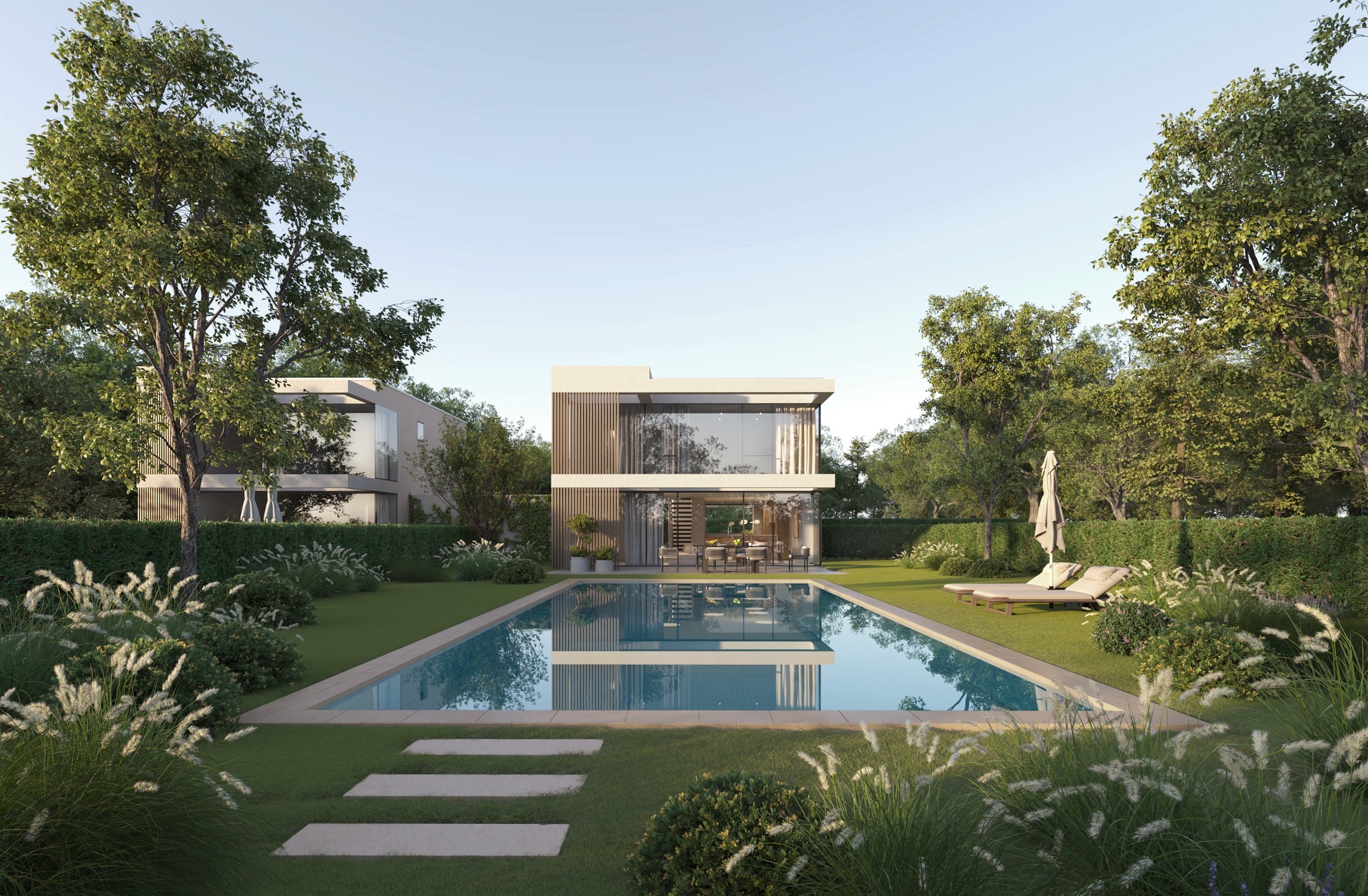 Les Perles de Founex · façade côté jardin avec piscine, à l'heure dorée