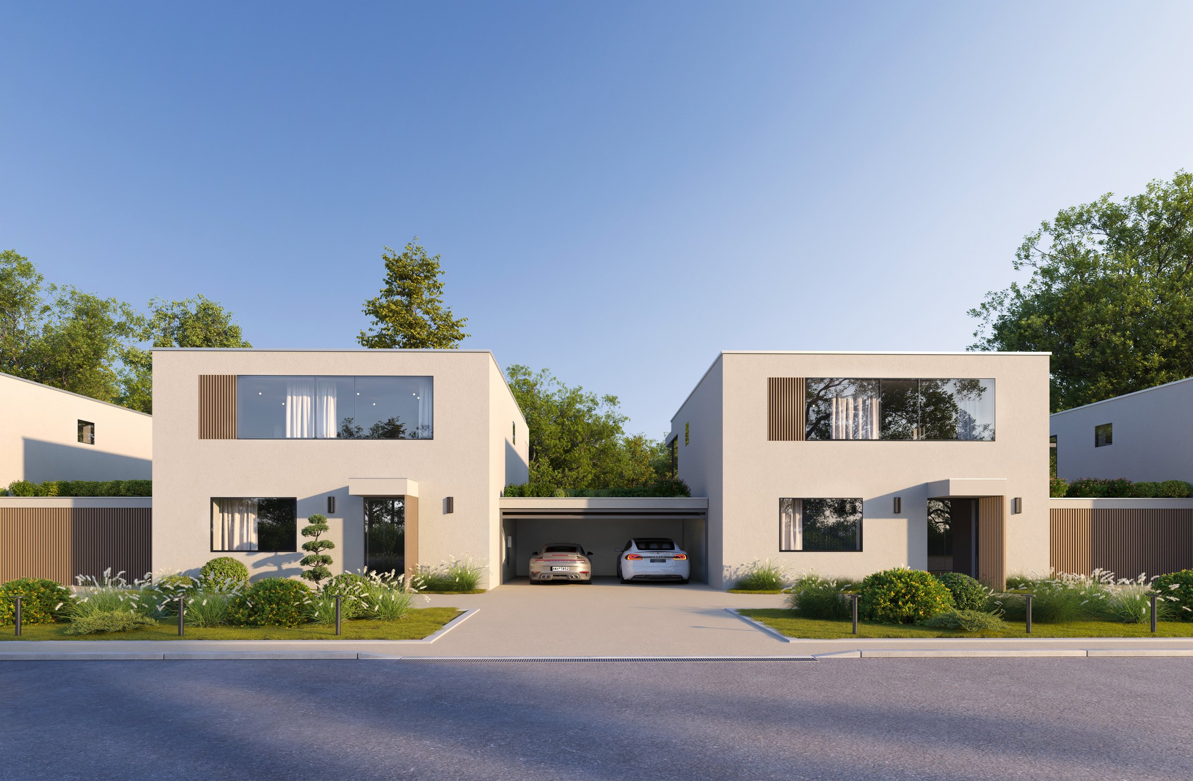 Rendu 3D de la façade côté rue et des accès couverts en bois.