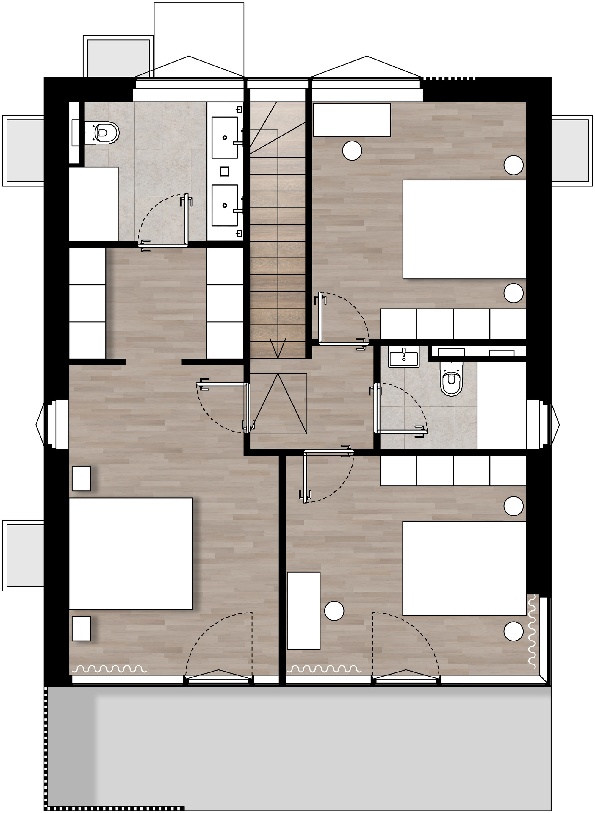 Plan du premier étage : chambres, salles de bains et dressing, exemple d'aménagement.