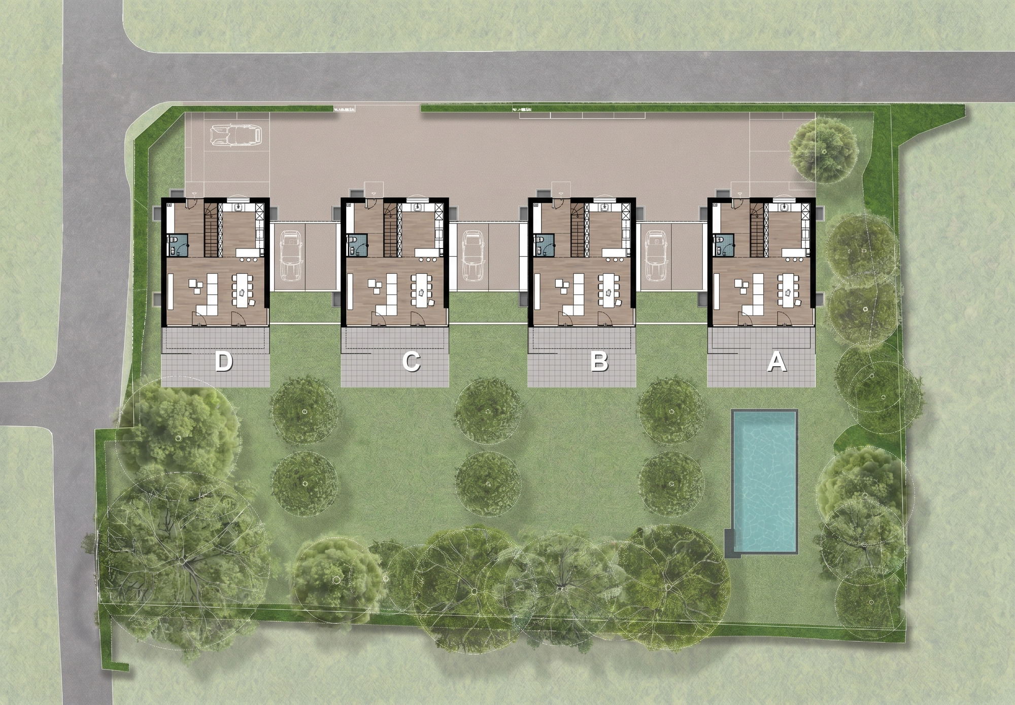 Plan d'ensemble des quatre villas au rez-de-chaussée (repères A, B, C, D), jardins privatifs et piscine côté villa A.