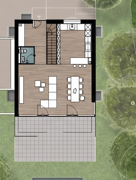 Plan du rez-de-chaussée de la villa : séjour, cuisine ouverte, entrée, WC et terrasse.