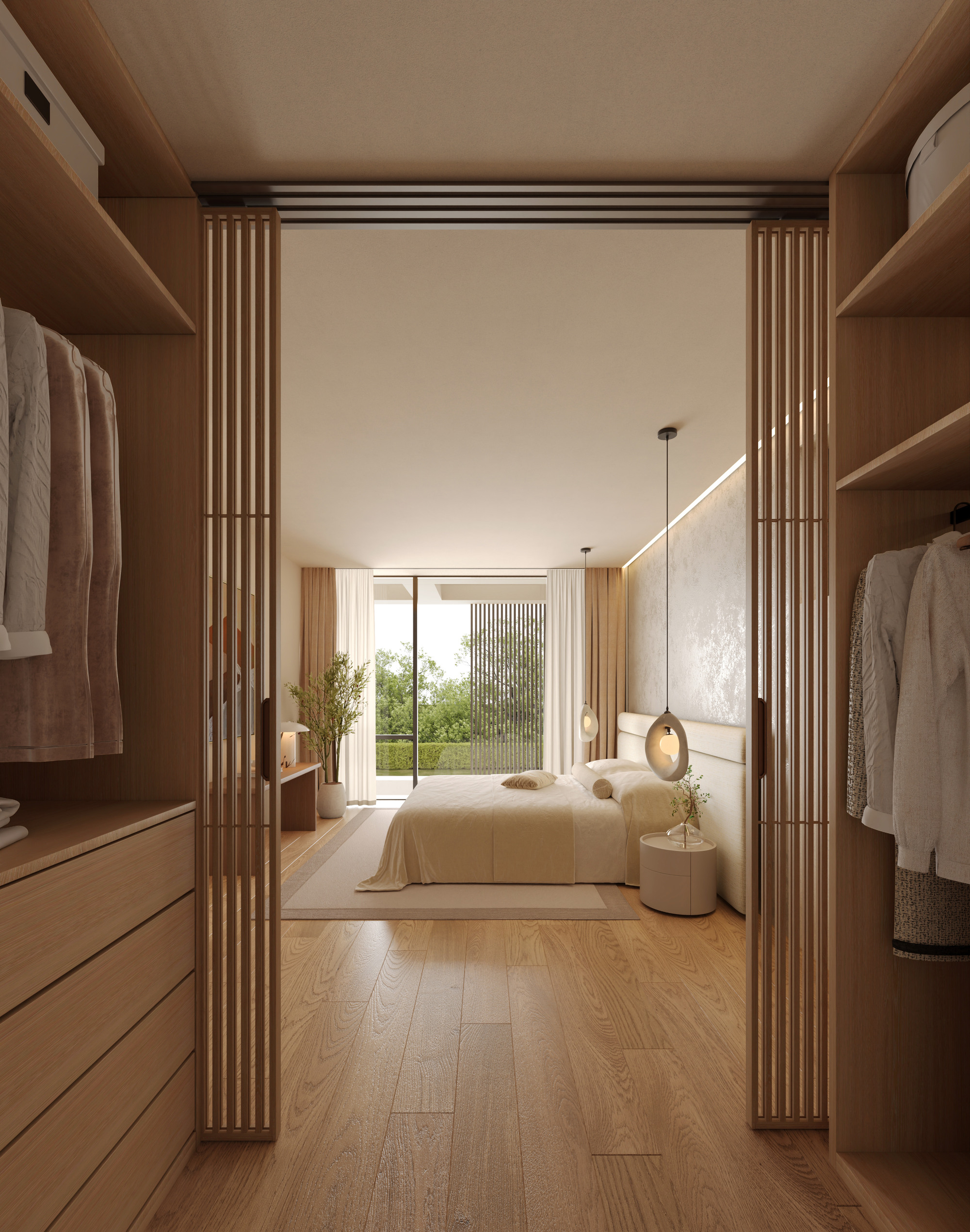 Rendu 3D de la suite parentale avec dressing en bois.
